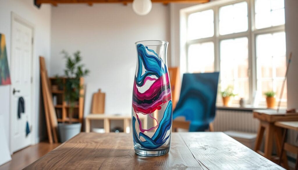 A well-lit, airy studio space with a clear glass vase centered on a wooden table. The vase is being painted with vibrant, swirling patterns of acrylic paint in a variety of jewel-toned hues - deep blues, rich purples, and striking reds. The paint is applied in a loose, expressive manner, creating a visually dynamic and textured surface. Soft, diffused natural lighting from a large window casts gentle shadows, highlighting the depth and dimension of the painted design. The overall mood is one of creativity, DIY inspiration, and a sense of handcrafted, artisanal charm.