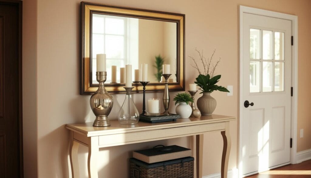 A well-lit, elegantly styled console table arrangement in a warm, inviting entryway. The table features a mix of decorative elements - a large mirror, a collection of candles and vases, and a small potted plant. The table is positioned against a neutral-toned wall, allowing the decor to be the focal point. Soft, natural lighting from a nearby window casts a gentle glow, creating a cozy, welcoming atmosphere. The arrangement is visually balanced, with a harmonious blend of textures, shapes, and heights that showcases the table's functionality and aesthetic appeal.