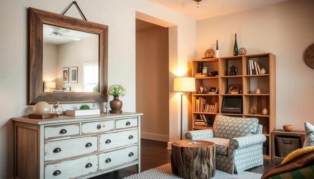 A well-lit, modern interior scene showcasing various furniture upcycling ideas. In the foreground, a repurposed vintage dresser with a fresh coat of paint and new hardware. Hanging above it, a large wall mirror framed with reclaimed wood. In the middle ground, a cozy armchair upholstered in a patterned fabric, complemented by a side table made from a tree stump. In the background, a bookshelf constructed from rustic wooden crates, displaying an eclectic mix of decorative items. Warm, diffused lighting fills the space, creating a cozy and inviting atmosphere. The overall scene conveys a sense of creativity, sustainability, and a unique, personalized home decor aesthetic.