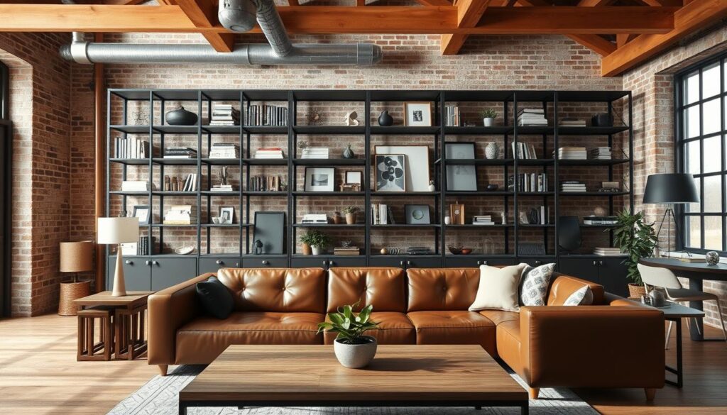 A well-lit, modern rustic living room interior with a mix of industrial and natural elements. In the foreground, a cozy leather sofa and a wooden coffee table with a potted plant. In the middle ground, a large wall-mounted metal shelving unit displaying a collection of books, artwork, and decorative pieces. The background features exposed brick walls, warm-toned wood beams, and large windows that flood the space with natural light. The overall mood is one of refined simplicity, with a balance of sleek, contemporary lines and the warmth of natural textures.