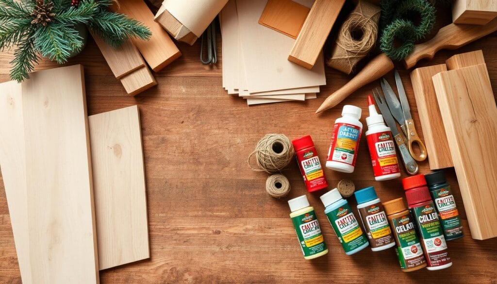 A well-lit tabletop filled with an assortment of DIY woodworking materials: smooth pine planks, sturdy oak beams, a bundle of sandpaper sheets, a set of chisels and hand tools, coils of jute twine, a bottle of wood glue, and a collection of festive acrylic paints in holiday colors. The scene has a warm, rustic atmosphere with soft shadows and gentle highlights, inviting the viewer to imagine the creative possibilities of crafting unique Christmas wood decor.