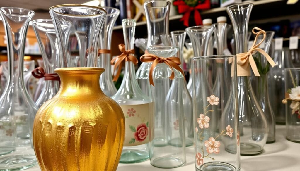 A well-lit thrift store vase display, showcasing a variety of clear glass vessels in different shapes and sizes. In the foreground, a vintage-inspired vase with a textured surface has been transformed with a coat of metallic gold paint, casting a warm glow. In the middle ground, a simple cylindrical vase has been adorned with delicate hand-painted floral patterns in muted earth tones. In the background, an eclectic assortment of upcycled vases, some embellished with ribbon, lace, or repurposed found objects, create a visually engaging tableau. The overall mood is one of creativity, resourcefulness, and a touch of holiday whimsy.