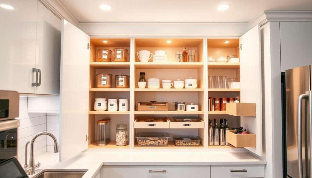 A well-organized and functional kitchen cabinet organizer, crafted with a sleek, modern aesthetic. The organizer features adjustable shelves, pull-out drawers, and labeled compartments, allowing for efficient storage and easy access to cooking essentials. Warm, indirect lighting from above casts a soft glow, highlighting the organizer's clean lines and natural wood or neutral-toned materials. The organizer is positioned within a bright, airy kitchen, with white walls, subway tile backsplash, and stainless steel appliances, creating a harmonious and streamlined visual impression that embodies the section's theme of "Enhancing Kitchen Efficiency with DIY Storage".