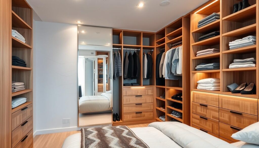 A well-organized and meticulously arranged bedroom closet with a sleek, modern design. In the foreground, custom built-in shelves and drawers in a warm-toned wood finish provide ample storage space, neatly displaying folded clothes, accessories, and shoes. The middle ground features a full-length mirror with a minimalist metal frame, reflecting the organized interior. The background showcases a clean, white wall with subtle textures, creating a sense of depth and balance. Soft, indirect lighting from recessed fixtures casts a warm, inviting glow, enhancing the closet's functionality and aesthetic appeal. The overall atmosphere exudes a sense of tranquility and efficiency, perfectly complementing the serene bedroom setting.