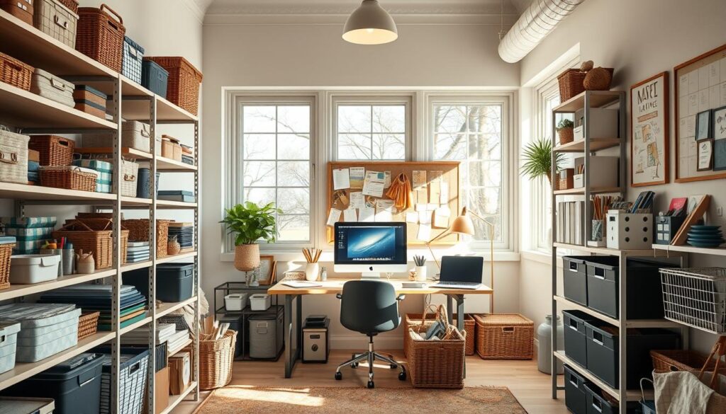 A well-organized home workspace with various DIY organization tools and solutions. In the foreground, clean and tidy shelves, baskets, and containers of different shapes and sizes, arranged neatly. In the middle ground, a workspace with a desktop computer, stationery, and a bulletin board with handwritten notes and reminders. The background features natural light flooding in through large windows, casting a warm, productive atmosphere. The overall scene conveys a sense of efficiency, simplicity, and a touch of rustic charm, inspiring the viewer to tackle their own home organization projects.