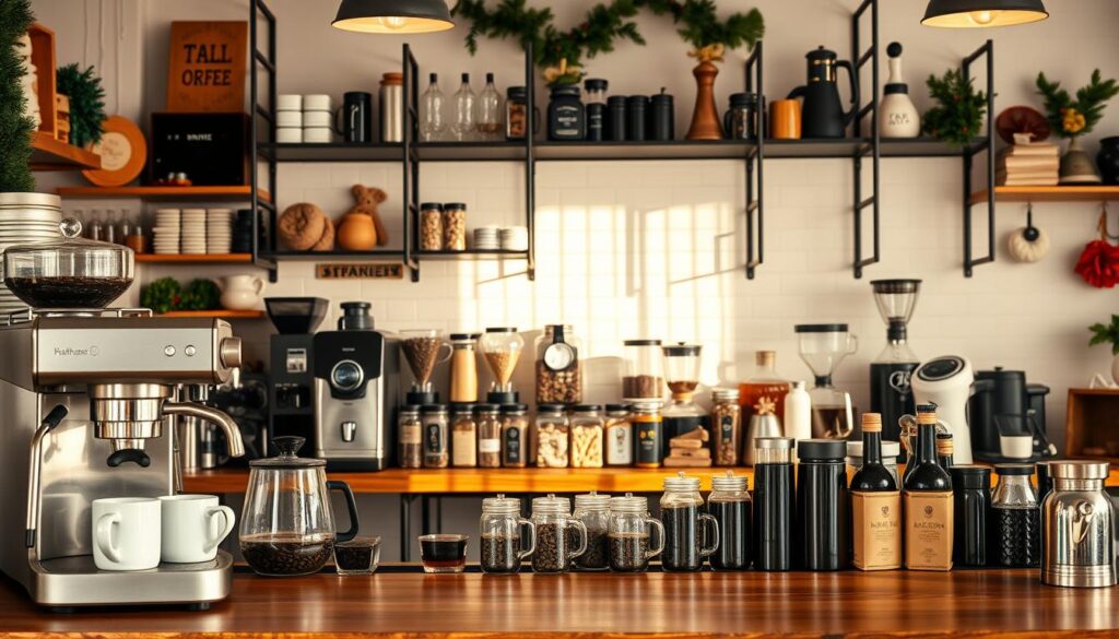 A well-stocked and functional coffee bar, bathed in warm, soft lighting. In the foreground, an array of essential tools - a sleek espresso machine, a precision grinder, and an array of artisanal mugs. In the middle ground, a wooden countertop showcases a variety of premium coffee beans, syrups, and toppings, inviting the viewer to craft their perfect brew. The background features a minimalist, industrial-chic shelving system, housing a collection of brewing equipment, coffee accessories, and holiday-inspired decor, creating a cozy and inviting atmosphere. The overall scene exudes a sense of expertise, coziness, and the promise of a delightful coffee experience.
