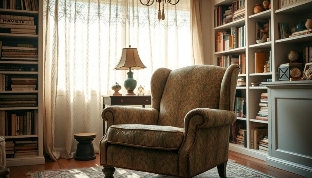 A well-worn secondhand armchair sits in a sunlit living room, its tattered upholstery and mismatched pattern exuding a sense of vintage charm. The chair is positioned against a backdrop of bookshelves filled with eclectic tomes and knick-knacks, creating a cozy, lived-in atmosphere. Warm, soft lighting filters through lace curtains, casting a gentle glow and lending an inviting ambiance to the space. The room's neutral color palette, accented by pops of earthy tones, provides a perfect canvas for the character-filled armchair to take center stage as the focal point of this beautifully curated, secondhand-inspired living room.