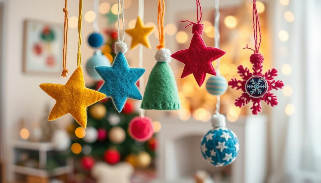 A whimsical scene of handmade, kid-safe holiday ornaments floating amidst a soft, warm-toned setting. In the foreground, a collection of colorful, tactile ornaments in playful shapes - stars, trees, snowflakes - crafted from felt, yarn, and pom-poms. In the middle ground, the ornaments dangle from delicate strings, creating a captivating, three-dimensional display. The background features a blurred, cozy interior with hints of holiday decor, evoking a sense of comfort and joy. Soft, diffused lighting casts a gentle glow, enhancing the inviting, homemade atmosphere. An enchanting, imaginative tableau perfect for a magical, family-friendly Christmas.