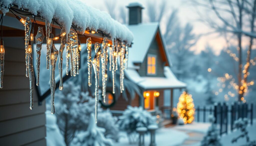 A whimsical winter scene featuring an enchanting icicle lights installation. In the foreground, delicate icicle-like lights cascade gracefully from the roofline, creating a shimmering, crystalline display. The middle ground showcases a cozy cottage, its windows illuminated by a warm, inviting glow. The background is a dreamlike winter landscape, with snow-covered trees and a soft, diffused lighting that evokes a sense of serene tranquility. The overall composition has a magical, fairy-tale-like quality, transporting the viewer to a truly wintry wonderland.