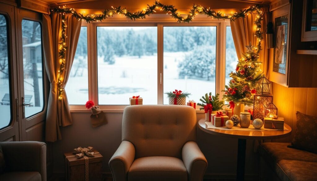 An elegant holiday gift display in a cozy mobile home setting. Warm golden lighting casts a festive glow on a beautifully decorated table, featuring a mix of colorful wrapped presents, seasonal foliage, and twinkling string lights. In the middle ground, a plush armchair invites visitors to sit and admire the display. Through the window, a snowy winter landscape provides a serene backdrop, completing the cozy, inviting atmosphere.