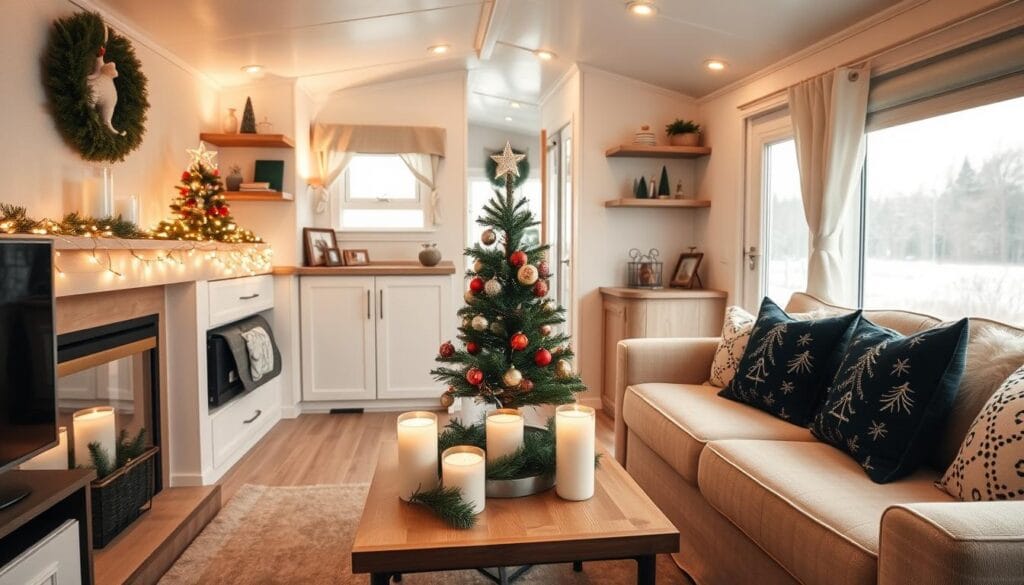 An interior scene of a cozy mobile home living room, with Christmas decor tastefully integrated to maximize the limited space. Soft, warm lighting from a string of fairy lights draped over the mantelpiece casts a festive glow. A miniature Christmas tree stands on a side table, its ornaments reflecting the light. On the coffee table, a centerpiece of candles and evergreen sprigs adds a touch of holiday cheer. Strategically placed wall shelves display personal trinkets and framed photos, optimizing vertical space. The sofa is adorned with plush throw pillows in Christmas-themed patterns. An open, airy feel is achieved through clean lines and a neutral color palette, creating the illusion of a larger living area.