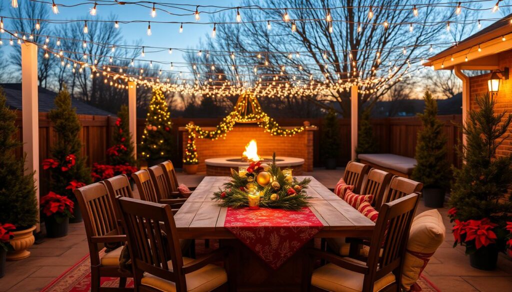 An inviting outdoor seating area set for a festive holiday celebration. A large wooden dining table surrounded by plush, cushioned chairs, adorned with a vibrant Christmas-themed tablecloth and a centerpiece of twinkling lights, pine garlands, and seasonal ornaments. In the background, a cozy firepit with a warm glow casts a soft, flickering light. Overhead, a canopy of twinkling string lights creates a magical ambiance, while potted poinsettias and evergreen trees line the perimeter, adding pops of festive color. The scene is illuminated by a golden, evening sunset, creating a serene and enchanting holiday atmosphere.