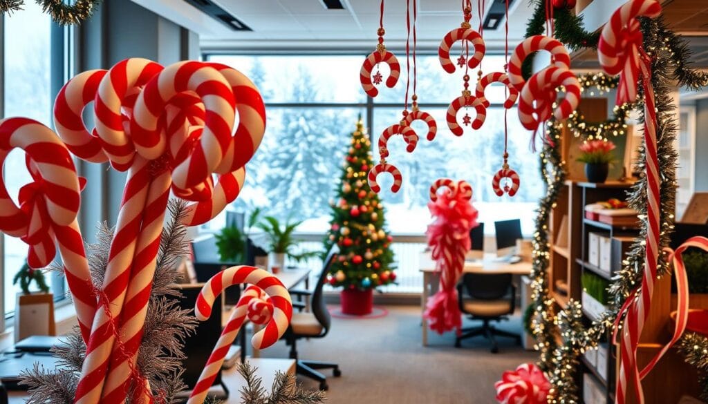 Candy cane office decorations: a festive display of peppermint-striped swirls and spirals, adorning the workplace with a touch of classic Christmas cheer. In the foreground, clusters of oversized candy canes stand tall, their vibrant red and white hues casting a warm glow. Delicate tinsel garlands wind their way along desks and shelves, creating a shimmering cascade of holiday sparkle. In the middle ground, intricate ornaments in the shape of miniature candy canes hang from the ceiling, casting playful shadows as they sway gently. The background features a cozy, well-lit office space, with a large window offering a view of a snowy winter wonderland outside. The overall atmosphere is one of whimsical delight, inviting employees and visitors alike to embrace the festive spirit of the season.