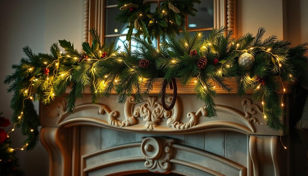 Christmas garland on fireplace mantle
