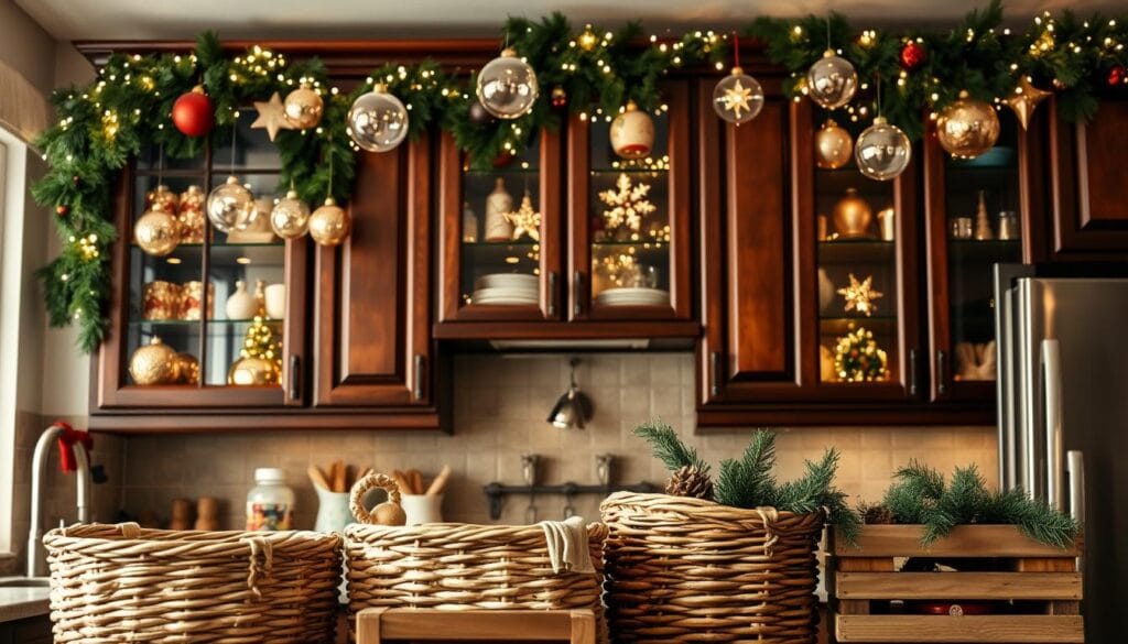 Christmas kitchen cabinet decor with glass ornaments