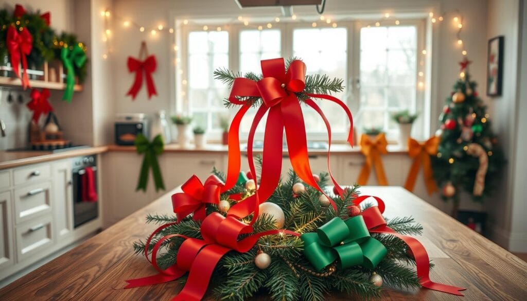 Christmas kitchen decor with ribbons and bows