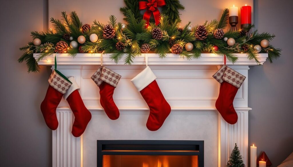 Christmas mantel decor with garland and stockings