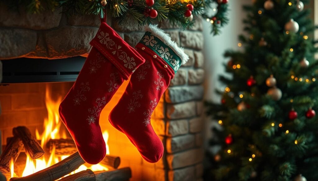 Christmas stockings hanging by the fireplace