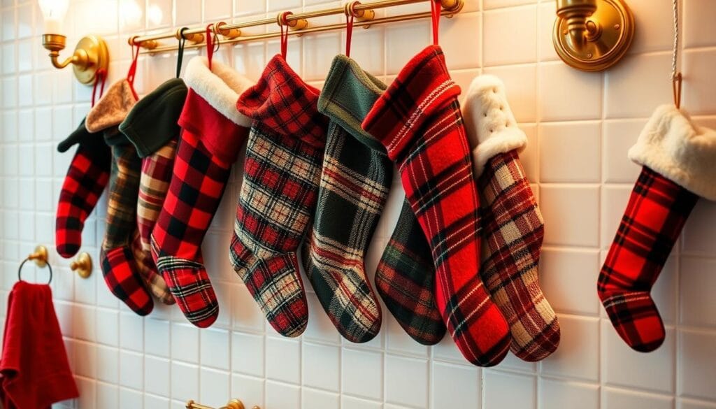 Christmas stockings in guest bathroom