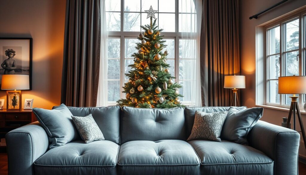 Christmas tree decor with grey couch