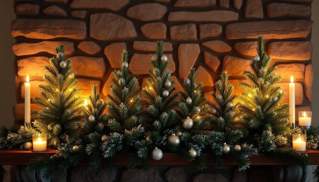 Christmas trees on fireplace mantel