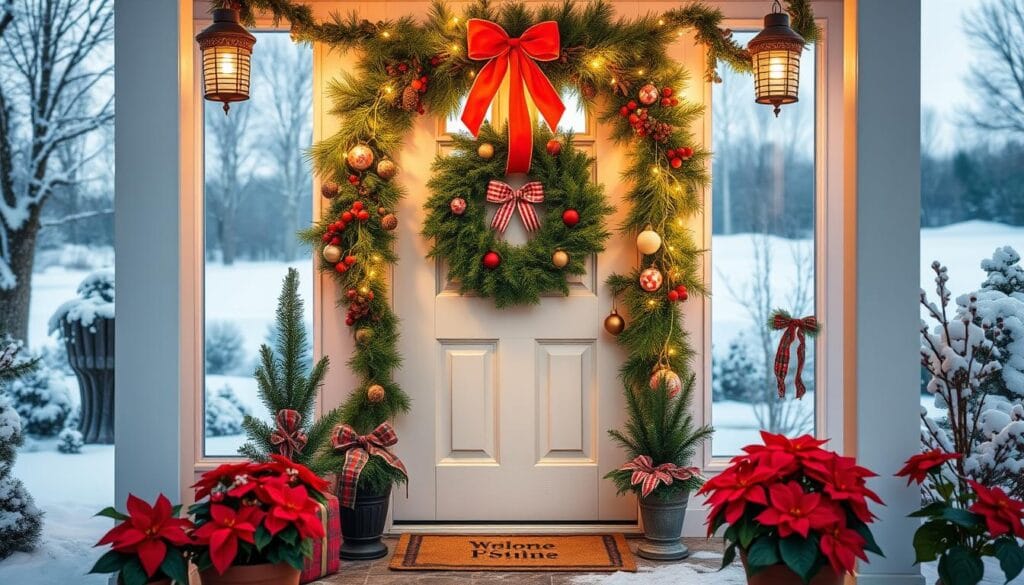 Colorful DIY holiday door decorations featuring handmade crafts and natural elements. A focal point entryway adorned with a lush evergreen wreath, festive ribbon, and twinkling string lights. Surrounding the wreath, an arrangement of pinecones, berries, and holiday-themed ornaments. In the foreground, a cozy welcome mat and potted poinsettia plants flank the doorway. The background showcases a snowy winter landscape with a clear, crisp sky. Warm, inviting lighting casts a soft glow, creating a charming, homemade atmosphere perfect for the holiday season.