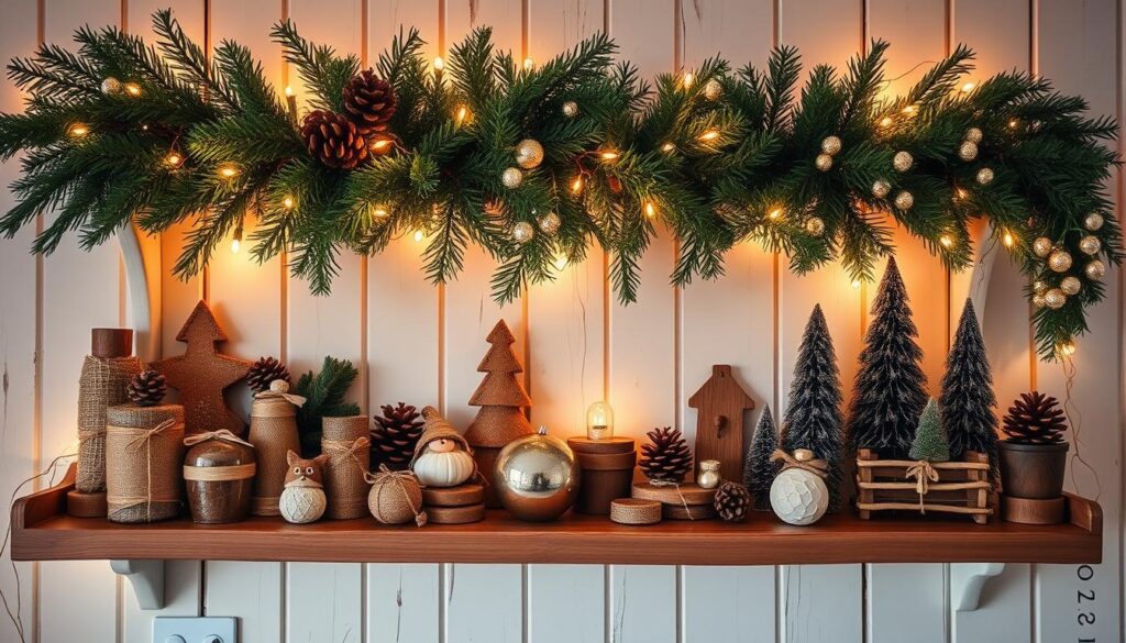 Cozy Christmas-themed DIY shelf decorated with an assortment of rustic, handmade ornaments, pine branches, and twinkling string lights. Warm, golden lighting illuminates the scene, casting a festive glow. In the foreground, a collection of wooden, ribbon-wrapped trinkets, pinecones, and miniature holiday figurines are artfully arranged. The middle ground features a lush garland draping elegantly across the shelf, its greenery intertwined with delicate, sparkling accents. In the background, a wall of weathered, whitewashed wood paneling provides a charming, country-inspired backdrop. The overall mood is one of homespun holiday cheer and inviting, rustic ambiance.