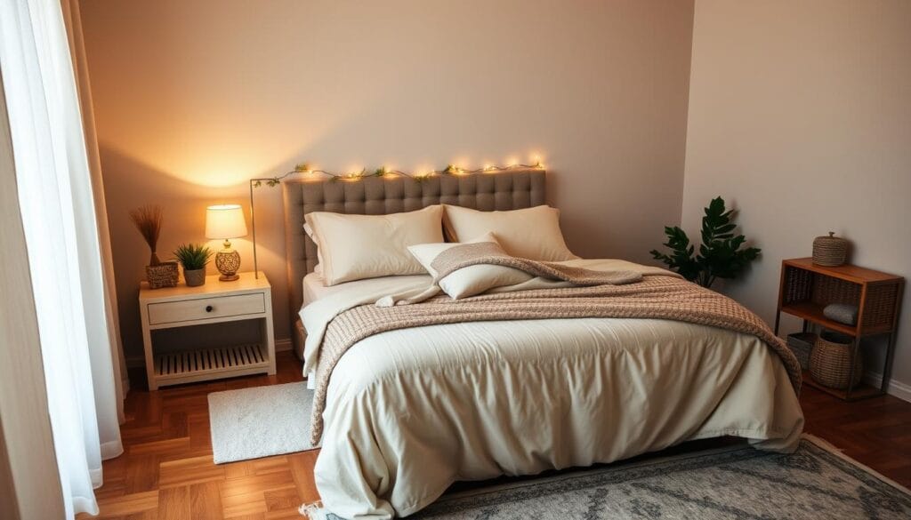 Cozy bedroom with warm, inviting atmosphere. Soft, muted lighting casts a gentle glow across a neatly made bed with plush, neutral-toned bedding. Nightstand with a small, decorative lamp. Minimalist, rustic-inspired decor such as a wooden shelving unit, woven basket, and potted plant. Hardwood floors with a simple, patterned area rug. Hints of holiday cheer in the form of a small, twinkling string of lights draped over the headboard. An overall sense of comfort and relaxation, showcasing budget-friendly ways to create a festive, yet serene holiday bedroom retreat.