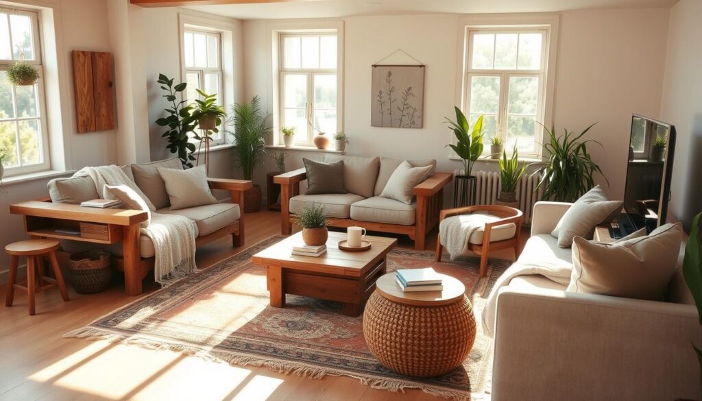 Cozy budget living room with rustic wooden furniture, plush fabric accents, and natural elements. Soft neutral tones, warm lighting, and minimalist decor create a relaxing ambiance. Vintage area rug, potted plants, and simple DIY wall art add homey touches. The layout is open and inviting, with a mix of modern and traditional styles. Sunlight filters through large windows, casting a golden glow across the space. An overall sense of comfort and affordability permeates the scene, inspiring budget-friendly home makeover ideas.