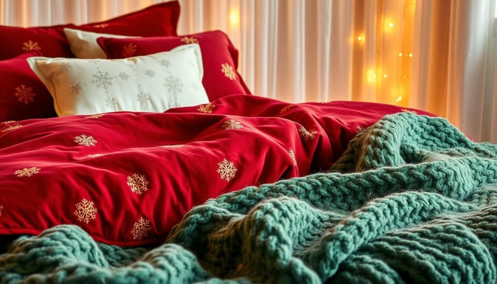 Cozy holiday bedding textures, featuring a plush velvet duvet cover in deep crimson, accented with shimmering gold thread patterns. Soft, fluffy ivory pillows with delicate snowflake embroidery adorn the foreground. In the middle ground, a chunky knit throw blanket in a festive evergreen hue cascades over the bed, its textured surface catching the warm, ambient lighting. Behind, a backdrop of sheer, silvery curtains gently billow, creating a serene, winter-inspired atmosphere. Subtle hints of holiday sparkle, like twinkling fairy lights, add a touch of magical enchantment to the scene.
