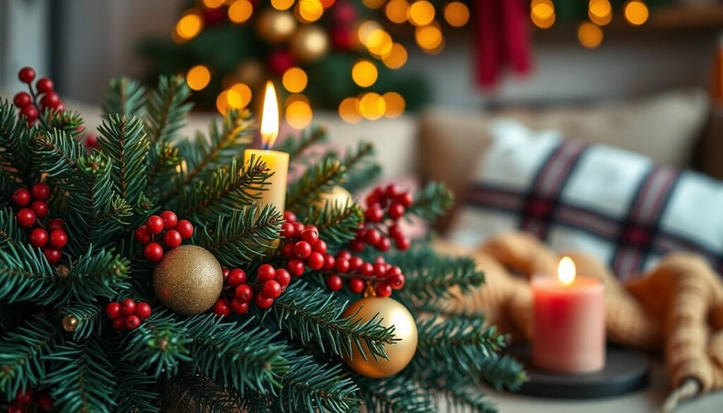 Cozy holiday color palette featuring lush evergreen foliage, warm amber lighting, and rich jewel-toned accents. Soft focus on a festive arrangement of pine branches, red berries, gold ornaments, and a single flickering candle. Blurred background suggests a comfy living room setting with hints of plaid and knitted textures. Inviting, intimate atmosphere evokes the magic of the winter season. Optimized for a high-resolution, photorealistic image.