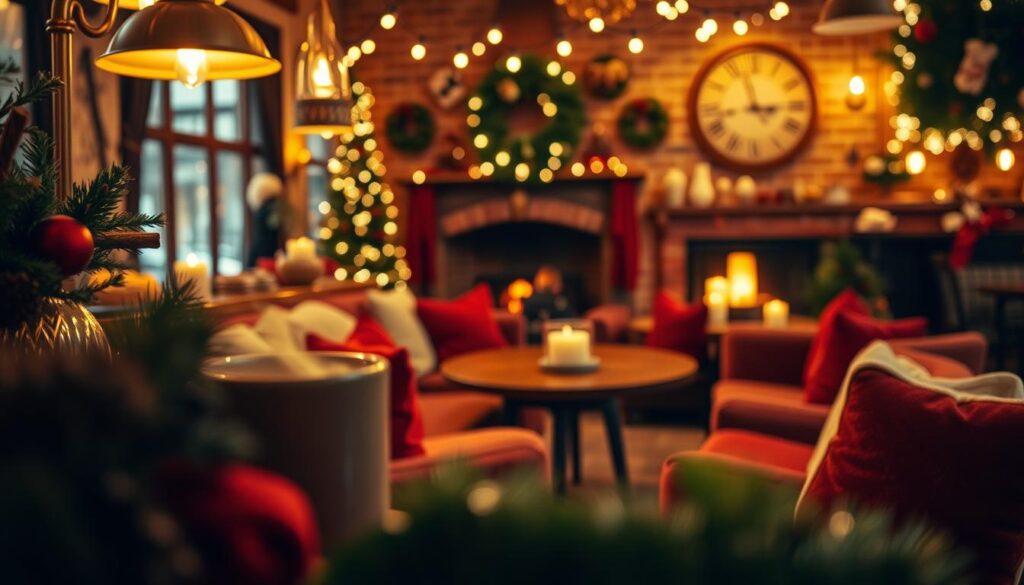 Cozy holiday color palette in a warm, inviting coffee shop setting. Soft, diffused lighting from brass lamps and candlelight, casting a golden glow. Vignettes of festive decorations - sprigs of evergreen, cinnamon sticks, pine cones, and plush velvet textiles in deep reds, greens, and creams. Blurred foreground of a steaming mug of hot cocoa or mulled cider, leading the eye to a middle ground of plush seating around a rustic wooden table. Atmospheric background of string lights, brick walls, and a crackling fireplace creating a intimate, hygge ambiance.