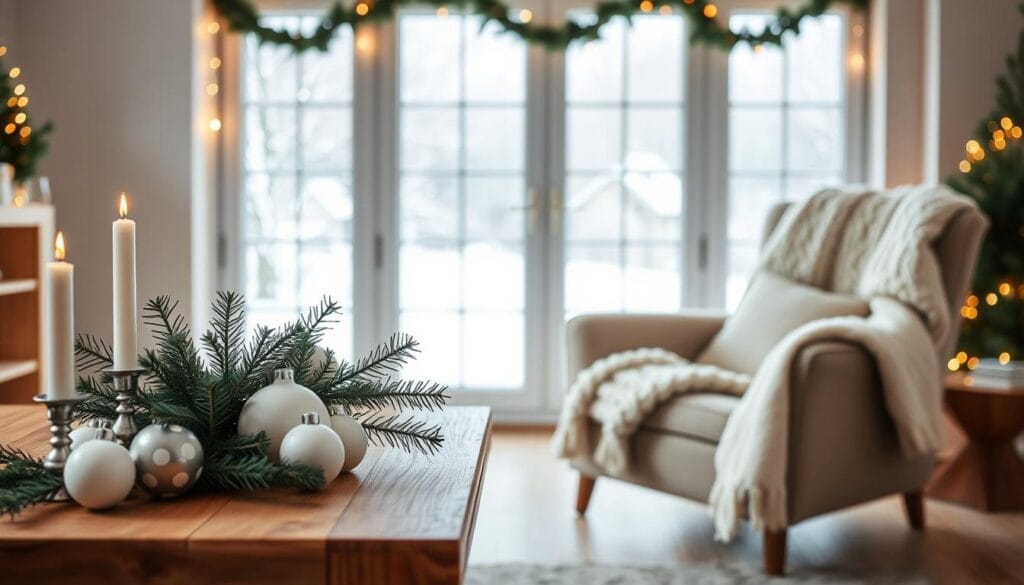 Cozy holiday scene with a minimalist, Scandinavian-inspired aesthetic. In the foreground, a wooden table with simple white candles, pine branches, and neutral-colored ornaments. In the middle ground, an oversized knit throw blanket draped over a neutral-toned armchair. In the background, a large window overlooking a snowy landscape, the warm glow of fairy lights creating a serene, hygge atmosphere. Soft, natural lighting casts a gentle, diffused glow over the entire scene. Crisp, clean, and uncluttered, conveying a sense of calm and mindfulness during the holiday season.