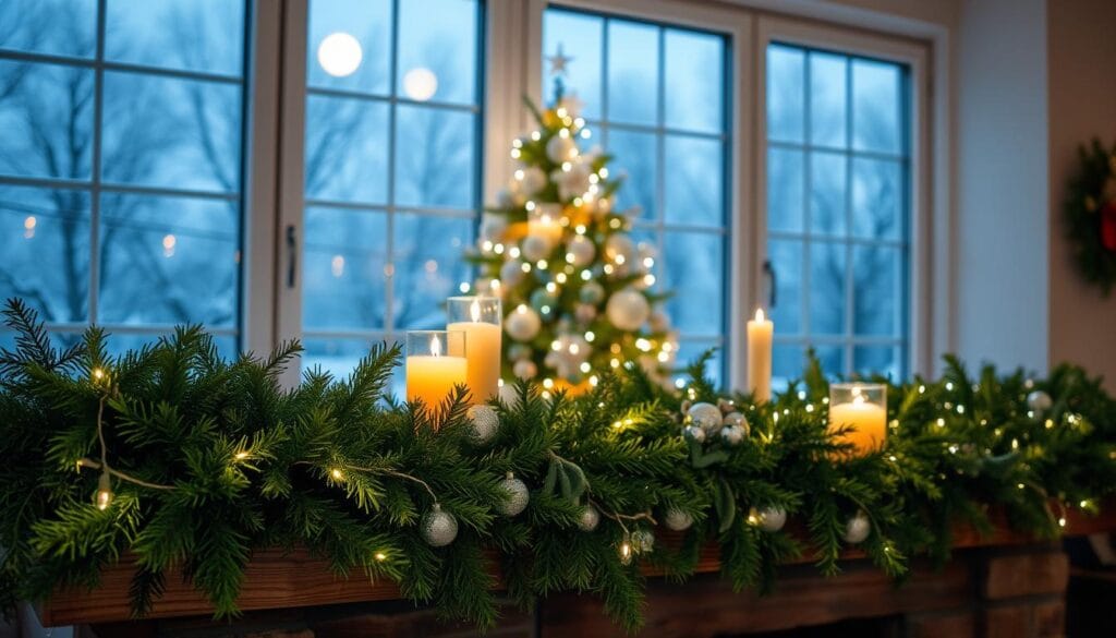 Cozy holiday scene with lush green foliage and twinkling white lights. In the foreground, a garland of fresh evergreens drapes elegantly over a rustic wooden mantelpiece, adorned with delicate glass ornaments and warm candlelight. The middle ground features a beautifully decorated Christmas tree, its branches laden with sparkling white fairy lights that cast a soft, inviting glow. In the background, large windows reveal a winter wonderland outside, with snow-covered trees and a moonlit sky. The overall atmosphere is one of tranquility and festive charm, creating a cozy, welcoming ambiance perfect for holiday entertaining.