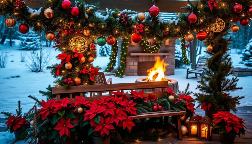 Cozy outdoor Christmas scene with vibrant, festive color scheme. Warm, glowing string lights adorn lush greenery and colorful ornaments. Midground features a rustic wooden bench surrounded by a mix of poinsettias, holly, and pine garlands. In the background, a snowy landscape with a roaring firepit casts a gentle glow. Soft, diffused lighting creates an inviting, magical atmosphere. A charming winter wonderland that evokes feelings of holiday cheer and wonder.