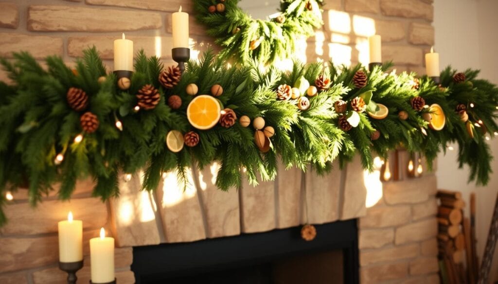 DIY Christmas fireplace decor with natural elements