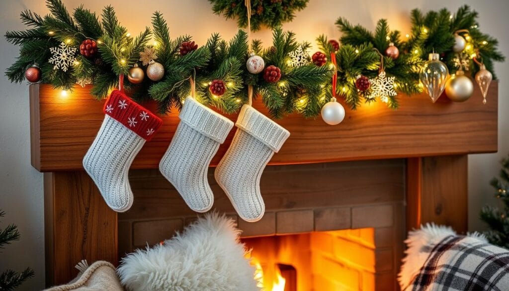 DIY Christmas mantel decor with stockings and fairy lights