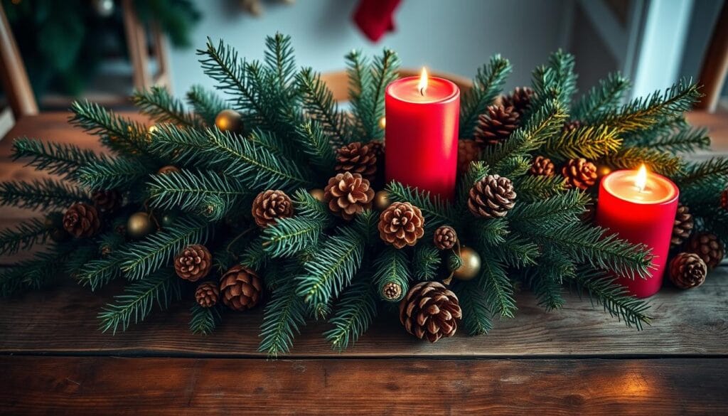 DIY Christmas table centerpiece with candles and evergreen branches