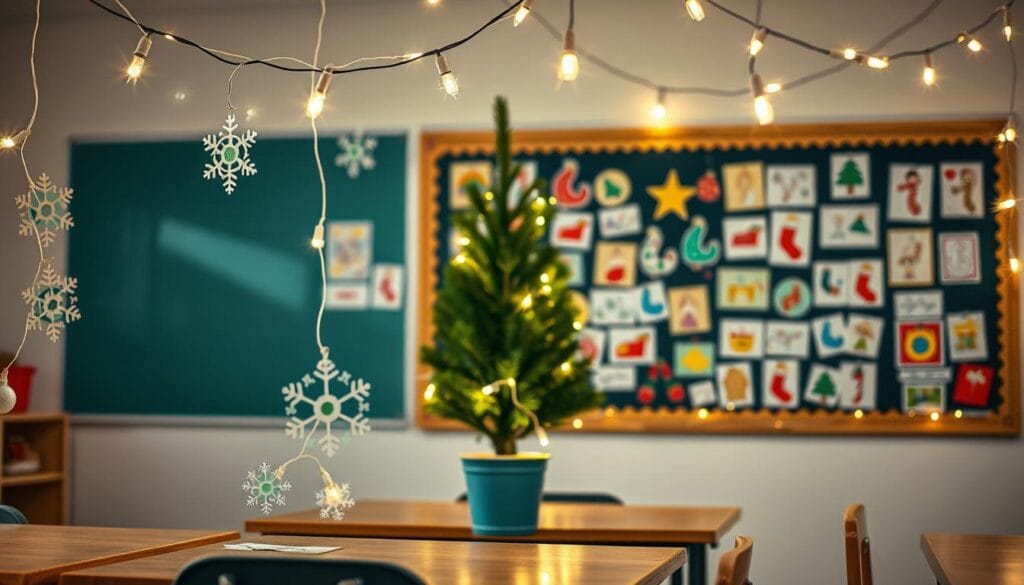 DIY school Christmas decor with string lights