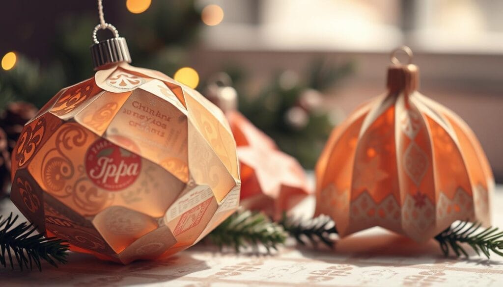 Delicate vintage paper ornaments, their intricate folds and creases illuminated by soft, warm lighting. Intricate patterns and textures adorn the foreground, with a blurred, muted background evoking a sense of nostalgia. The ornaments are arranged in a natural, organic composition, casting gentle shadows that add depth and dimension. The overall mood is one of timeless elegance and holiday cheer, capturing the essence of handcrafted, homemade Christmas decor.