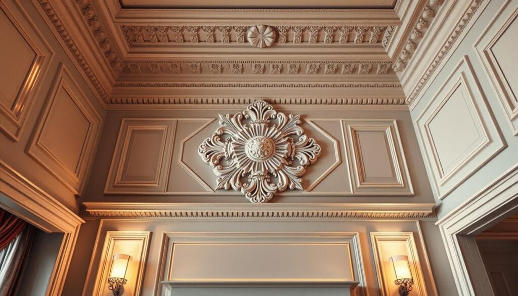 Detailed architectural wall featuring intricate moldings, cornices, and a focal point of a decorative plaster medallion. The lighting is soft and warm, casting gentle shadows that accentuate the depth and textures of the design. The camera angle is positioned to showcase the elegant symmetry and harmonious proportions of the built-in architectural elements, creating a visually captivating and timeless impression. The overall mood is one of refined sophistication and timeless beauty, perfectly suited to enhance a living room's decor.