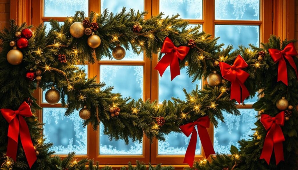 Detailed holiday window garland: Lush evergreen garland cascading down a large, frosty window, adorned with shimmering gold and silver ornaments, twinkling fairy lights, and vibrant red bows. The garland frames the window, creating a cozy, festive scene bathed in warm, natural lighting. Soft focus in the background, emphasizing the intricate details of the garland. Conveys a sense of Christmas cheer and seasonal elegance.