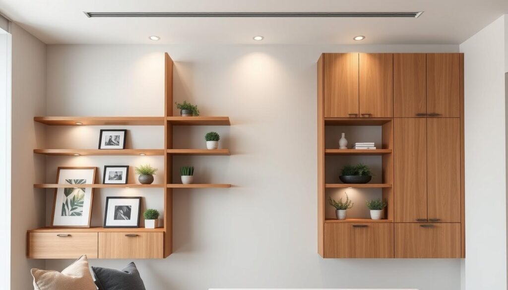 Detailed wall-mounted storage units in a modern, minimalist living room. Sleek wooden shelves and cabinets in a natural finish, mounted against a light gray accent wall. Framed art and plants add pops of color and texture. Warm, directional lighting from recessed ceiling fixtures casts a soft glow, creating a cozy, inviting atmosphere. The storage solutions feature clean lines and a streamlined design, optimizing space while maintaining a refined, contemporary aesthetic.