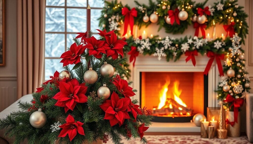 Elegant Christmas color palette ideas: vibrant red poinsettias, lush evergreen garlands, glistening silver ornaments, and shimmering gold accents. A cozy fireplace casts a warm glow, illuminating the harmonious arrangement of traditional hues. Soft, diffused lighting highlights the rich textures and patterns, creating a serene, inviting atmosphere. The composition is framed by a large window, offering a picturesque winter wonderland backdrop. Crisp, clean lines and a touch of modern minimalism balance the classic holiday elements, resulting in a visually striking and sophisticated color scheme.