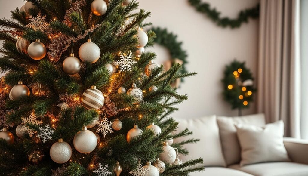 Elegant Christmas tree adorned with sparkling ornaments, twinkling lights, and lush garlands, set against a cozy living room backdrop. Soft, warm lighting illuminates the scene, creating a inviting and festive atmosphere. The tree takes center stage, its branches elegantly dressed to inspire holiday cheer. Subtle details like plush textures, metallic accents, and natural elements add depth and visual interest. The overall composition exudes a sense of refined simplicity, perfectly complementing the charming living space.