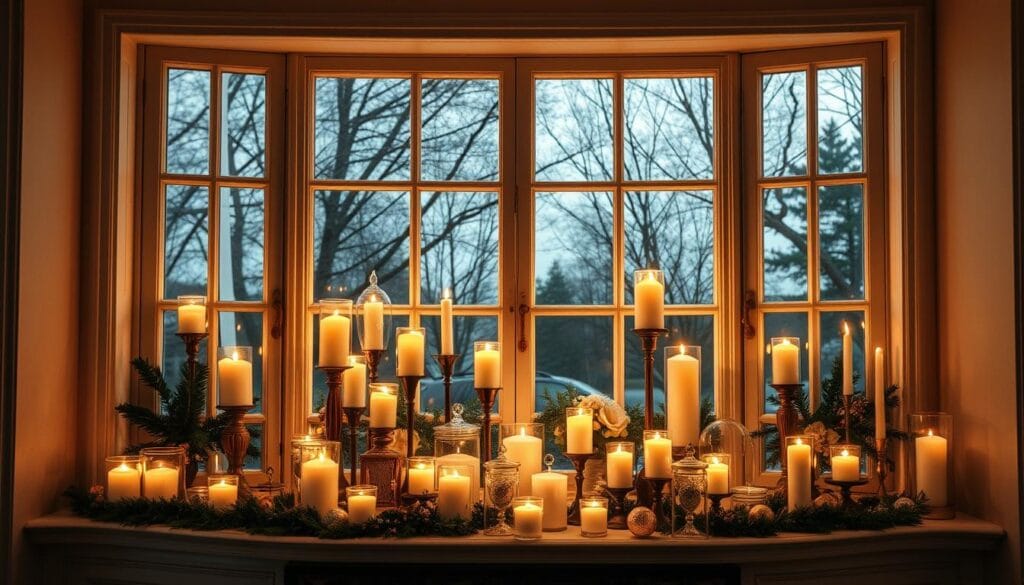 Elegant bay window displaying a stunning array of flickering candles. Soft, warm lighting illuminates a carefully curated display of glass and metal candle holders in various sizes and shapes, casting a cozy, inviting glow. The window frame is adorned with delicate greenery and subtle holiday accents, creating a harmonious and visually captivating scene. The overall composition evokes a sense of refinement and timeless charm, perfectly suited for a luxurious kitchen or living room interior. A wide-angle lens captures the depth and grandeur of the setting, emphasizing the architectural features and the inviting ambiance.