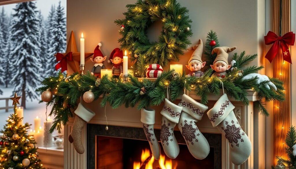 Elegant elf-inspired holiday decor, adorned with shimmering ornaments, twinkling fairy lights, and whimsical wreaths. A cozy fireplace mantel draped in festive greenery, candles casting a warm glow. Clusters of playful elven figurines, their rosy cheeks and mischievous expressions bringing a touch of enchantment. Plush stockings hang from rustic wooden beams, embroidered with intricate, Nordic-inspired patterns. In the background, a snow-covered forest scene, towering pines and a dusting of white, evoking a magical, winter wonderland. Soft, diffused lighting illuminates the enchanting tableau, creating an atmosphere of holiday wonder and delight.