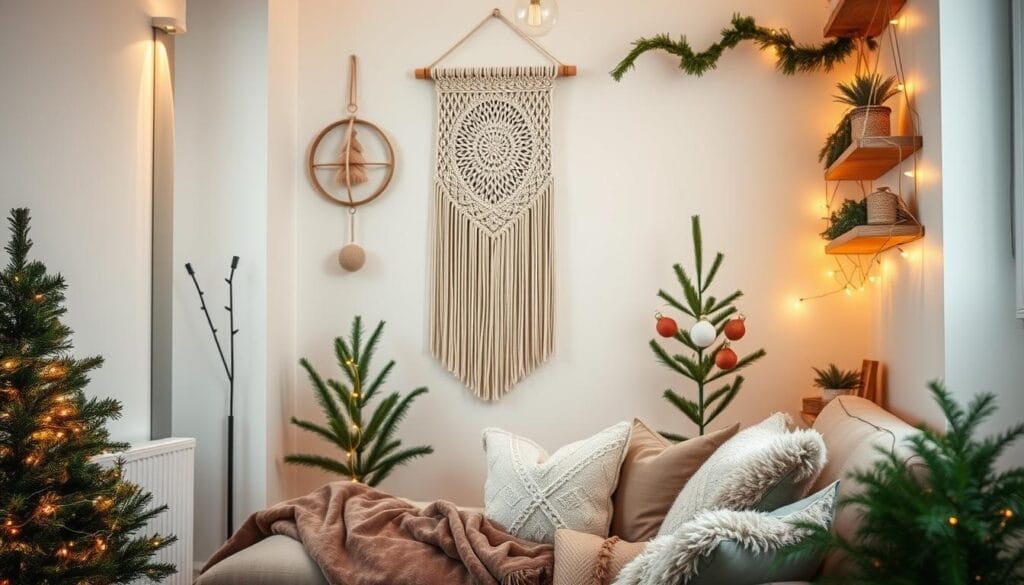 Elegant holiday decor in a cozy small apartment interior. Minimalist Christmas tree adorned with twinkling string lights, surrounded by creative DIY ornaments and garlands. Intricate macrame wall hanging, floating shelves displaying festive trinkets and greenery. Warm amber lighting casts a soft, inviting glow. Plush, textured fabrics like velvet and fuzzy throws add comfort. Subtle, nature-inspired palette of whites, greens, and warm neutrals. Tight framing emphasizes the efficient, stylish use of limited space. Overall a serene, hygge-inspired atmosphere perfect for the holiday season.