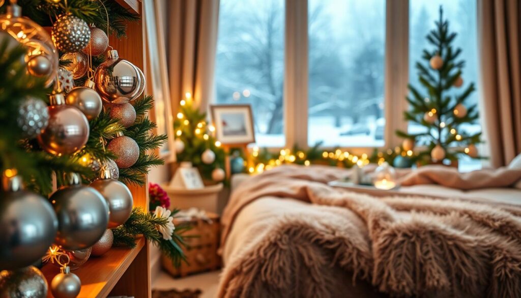 Elegant holiday ornaments and frames decorating a cozy bedroom scene. A mix of gleaming metallic baubles, glass spheres, and delicate floral accents adorn a wooden shelving unit in the foreground, casting warm, soft lighting throughout the space. In the middle ground, a plush, festive throw blanket drapes over a bed, complemented by lush greenery and twinkling string lights. The background features a snowy winter landscape visible through a large window, creating a serene, atmospheric setting. The overall mood is one of festive, inviting comfort, perfectly suited for the "Decorate with Holiday Ornaments and Frames" section.