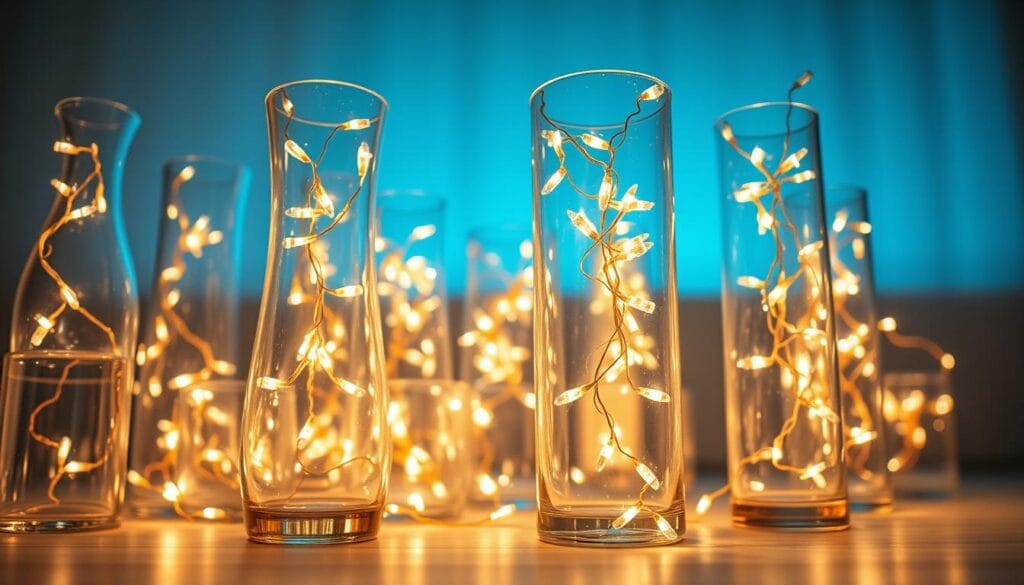Fairy lights delicately draped within crystal clear glass vases, casting a warm, inviting glow. The vases are arranged in a cohesive, eye-catching composition, with varied shapes and sizes creating visual interest. Soft, diffuse lighting illuminates the scene, highlighting the mesmerizing interplay of light and glass. A tranquil, serene atmosphere pervades, evoking a sense of cozy, intimate ambiance perfect for a festive setting. The camera captures the arrangement from a low angle, emphasizing the brilliant luminescence and the elegant, sophisticated design.